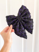 Load image into Gallery viewer, Halloween Black and Purple Rose Dog Bow – available in sailor bow and bow tie styles