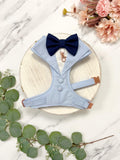Made-to-Measure Pale Blue Wedding Dog Tuxedo Harness with Navy Bow Tie: Custom Ring Bearer Outfit for Pets