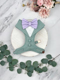Bespoke Heritage Sage Green Dog Wedding Tuxedo Harness: Formal Dog Suit with Custom Bow Tie