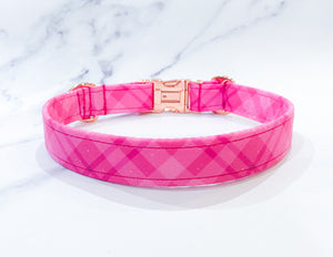 Fuchsia pink plaid Valentine's day dog collar