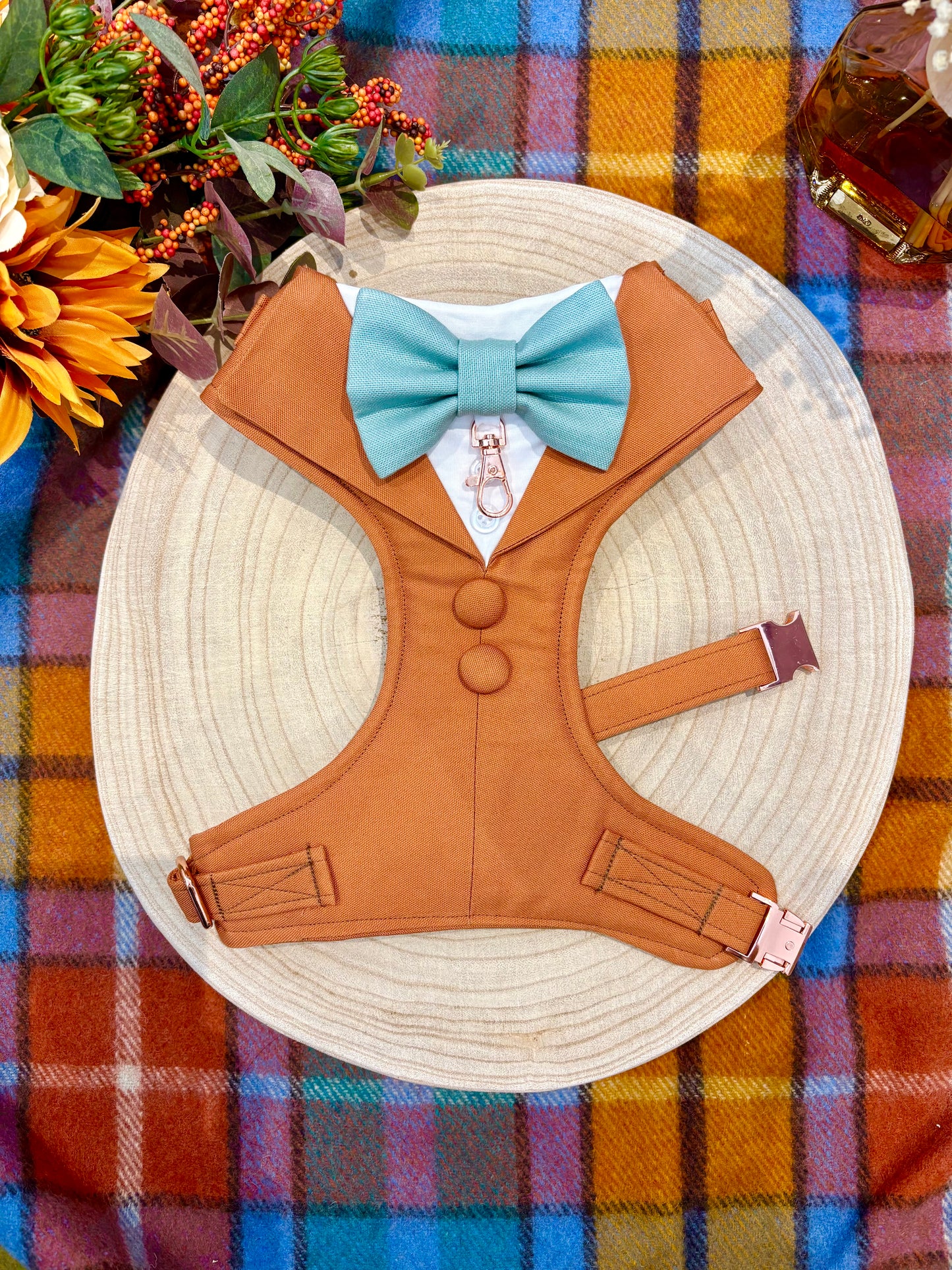 Bespoke Terracotta Dog Tuxedo Harness: Outfit for Dog Ring Bearer