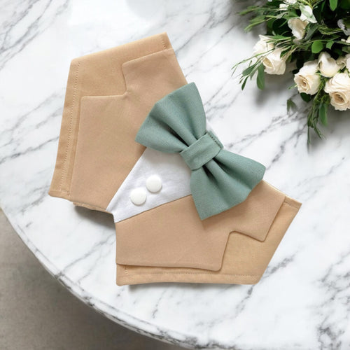 Kahki Wedding Dog Tuxedo with Sage Green Bow Tie