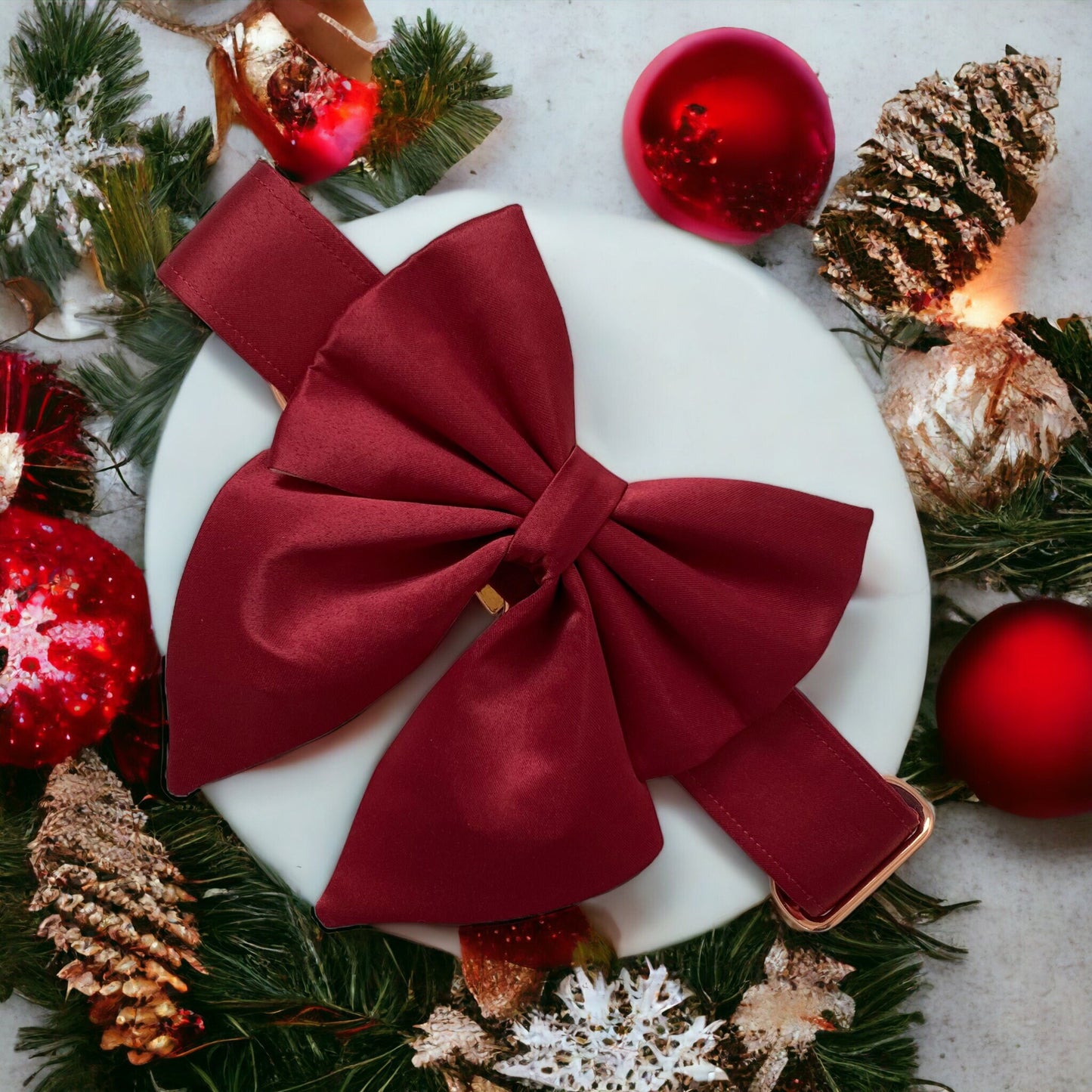 Burgundy Red Christmas Dog Bow, Available in sailor bow and bow tie styles, optional upgrade to bow collar bundle, festive seasons pet bow