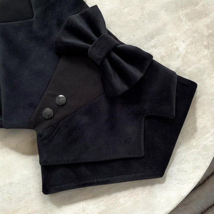 Solid Black Velvet Dog Tuxedo Bandana, All Black Wedding Pet Tuxedo, Black Velvet Dog Tuxedo With Black Bow Tie, Dog Wedding Outfit