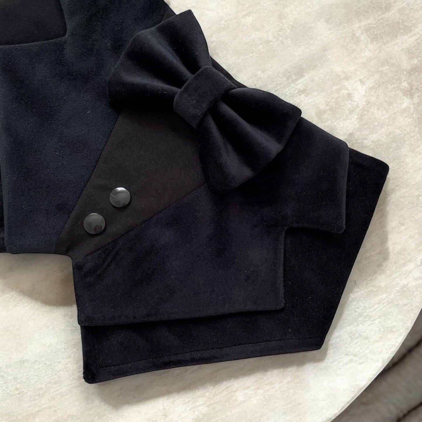 Solid Black Velvet Dog Tuxedo Bandana, All Black Wedding Pet Tuxedo, Black Velvet Dog Tuxedo With Black Bow Tie, Dog Wedding Outfit