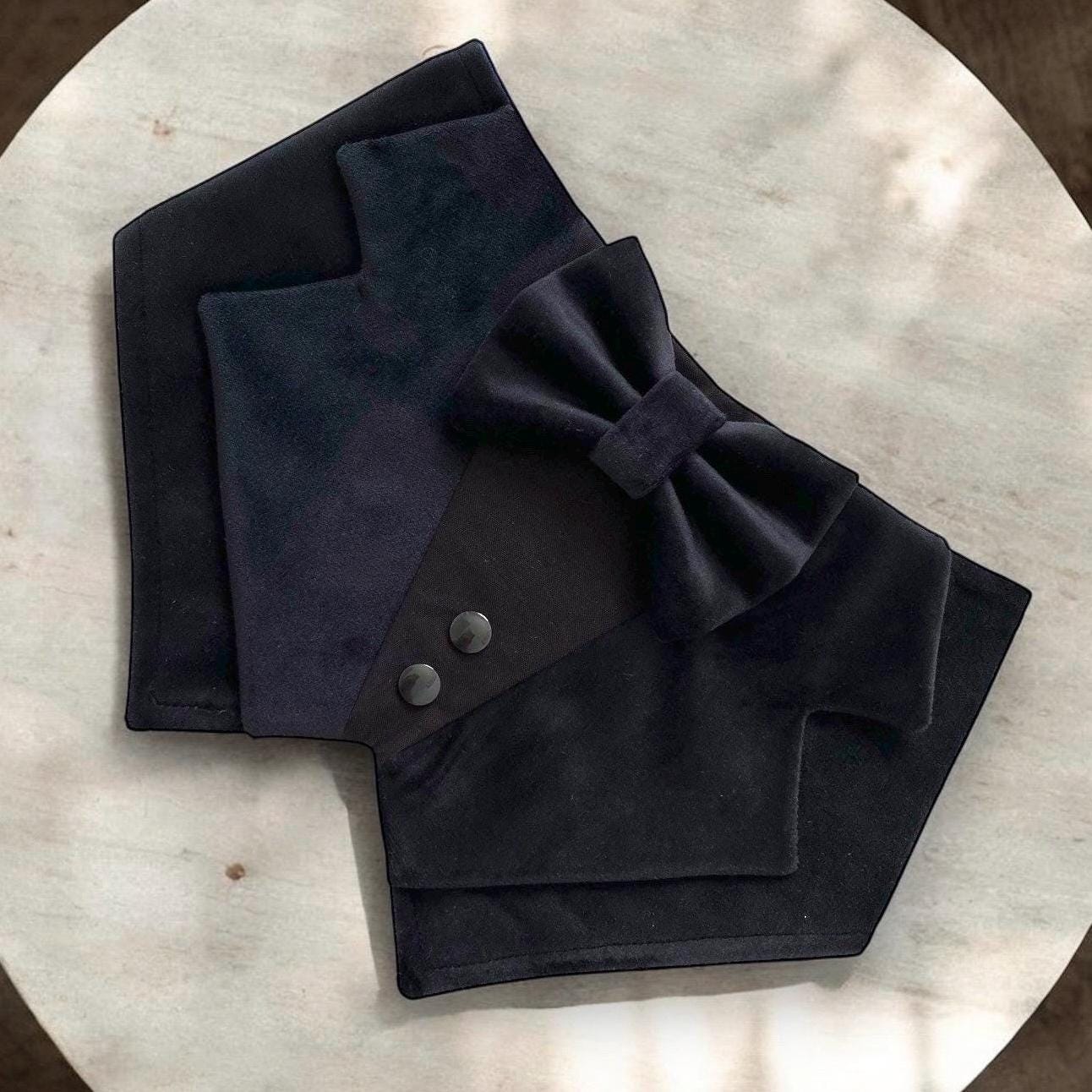 Solid Black Velvet Dog Tuxedo Bandana, All Black Wedding Pet Tuxedo, Black Velvet Dog Tuxedo With Black Bow Tie, Dog Wedding Outfit