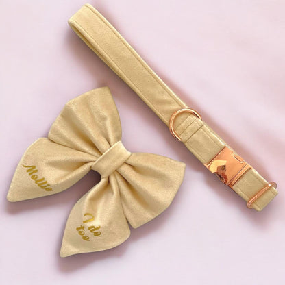 Warm Beige Velvet Dog Bow, Available in Sailor Bow and Bow Tie, Light Gold Velvet Pet Bow, Perfect for Special Occasions, Leash not included