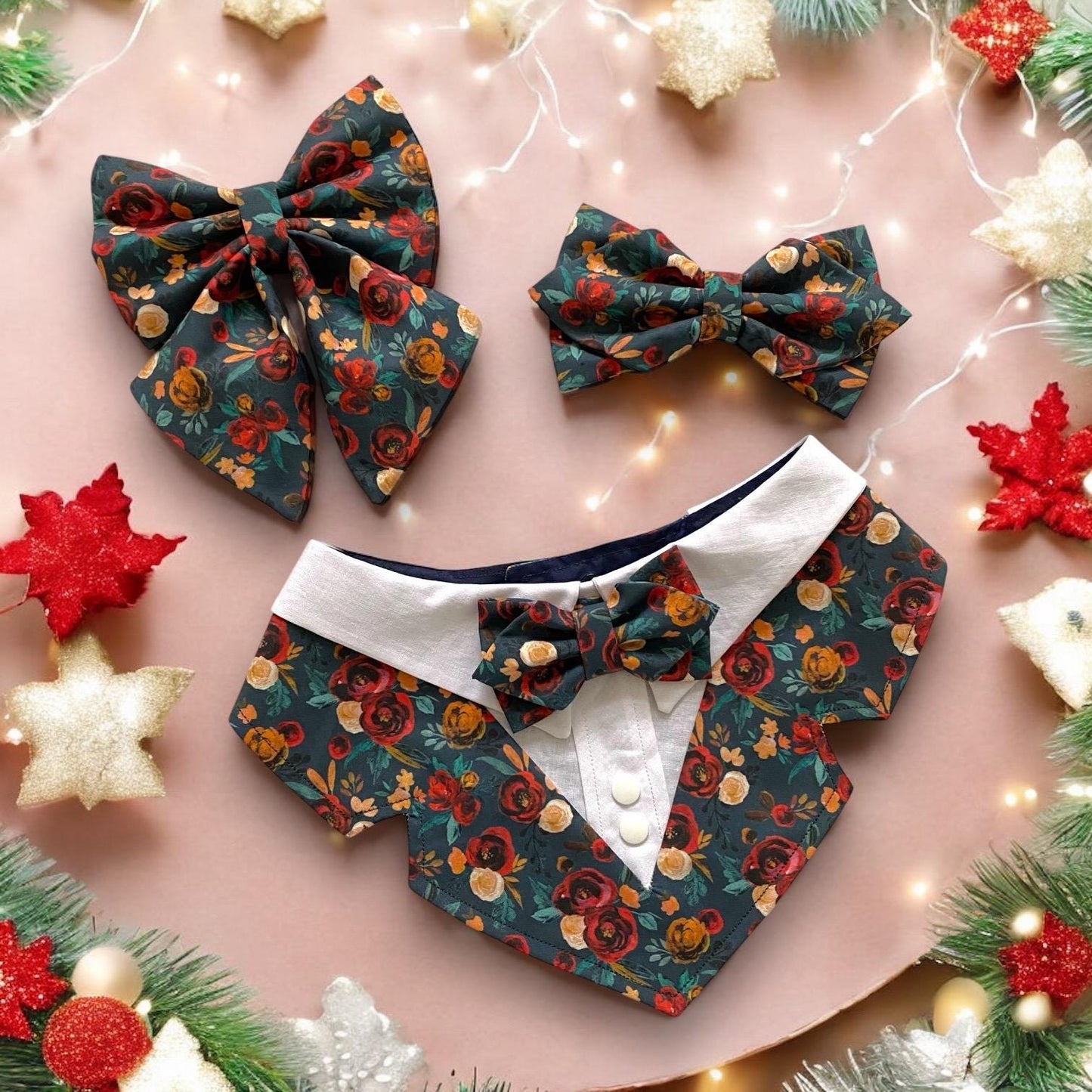 Christmas Florals Dog Sailor Bow, Winter Flowers Dog Sailor Bow, Watercolour Roses Dog Sailor Bow, Perfect for Christmas and Wedding