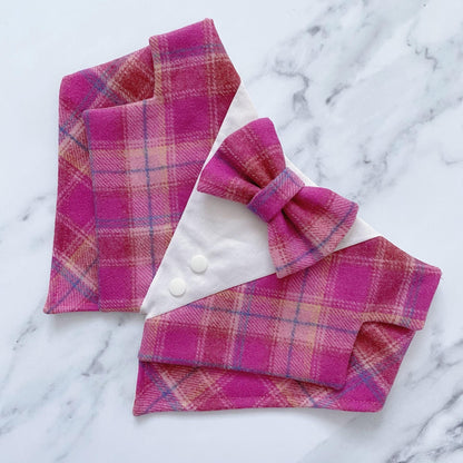 Pink Tartan Dog Tuxedo Bandana with Bow Tie