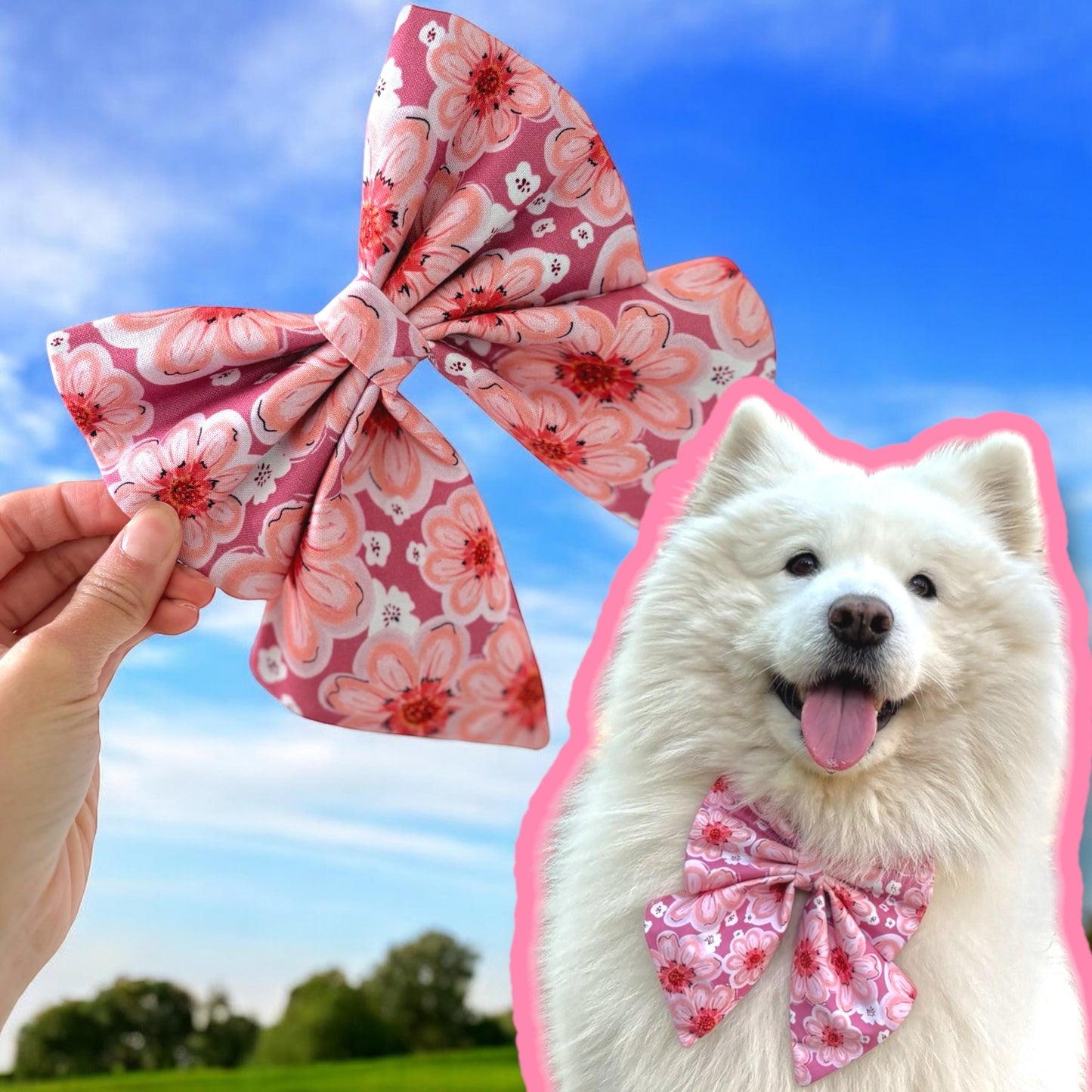 Pink Dahlia Flowers Dog Bow, Pink Floral Dog Bow, Available in Sailor bow and Bow Tie Style, Spring and Summer Dog Bow, Big Dog Bows