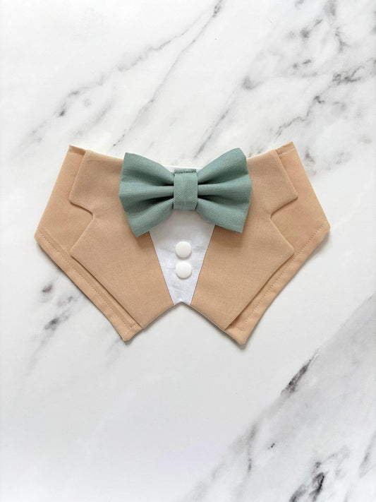 Khaki Wedding Dog Tuxedo Bandana with Sage Green Bow Tie