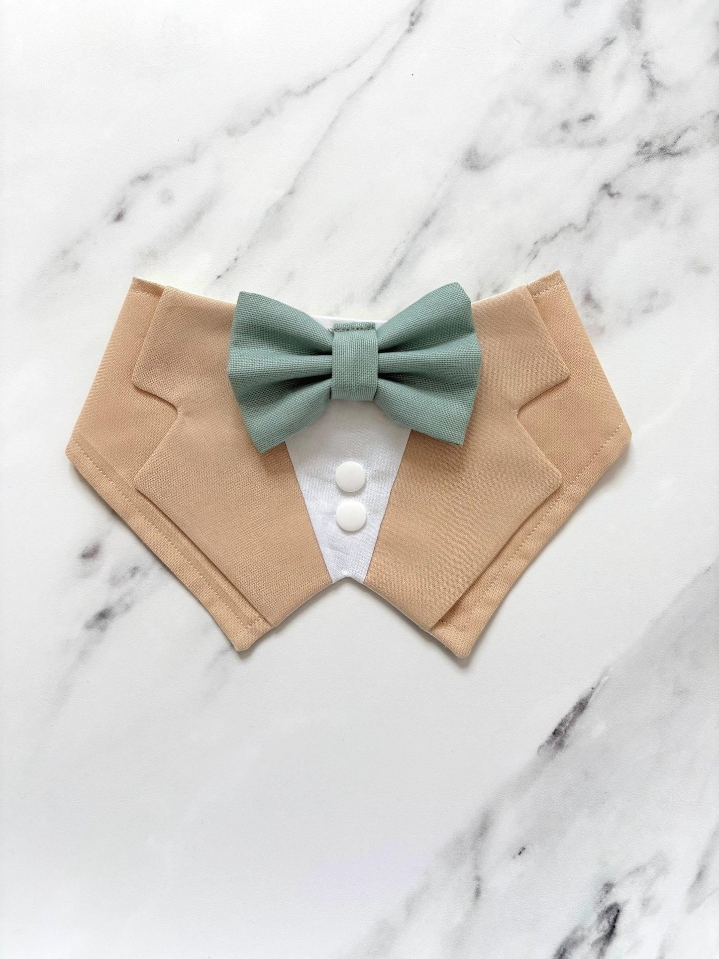 Khaki Wedding Dog Tuxedo Bandana with Sage Green Bow Tie