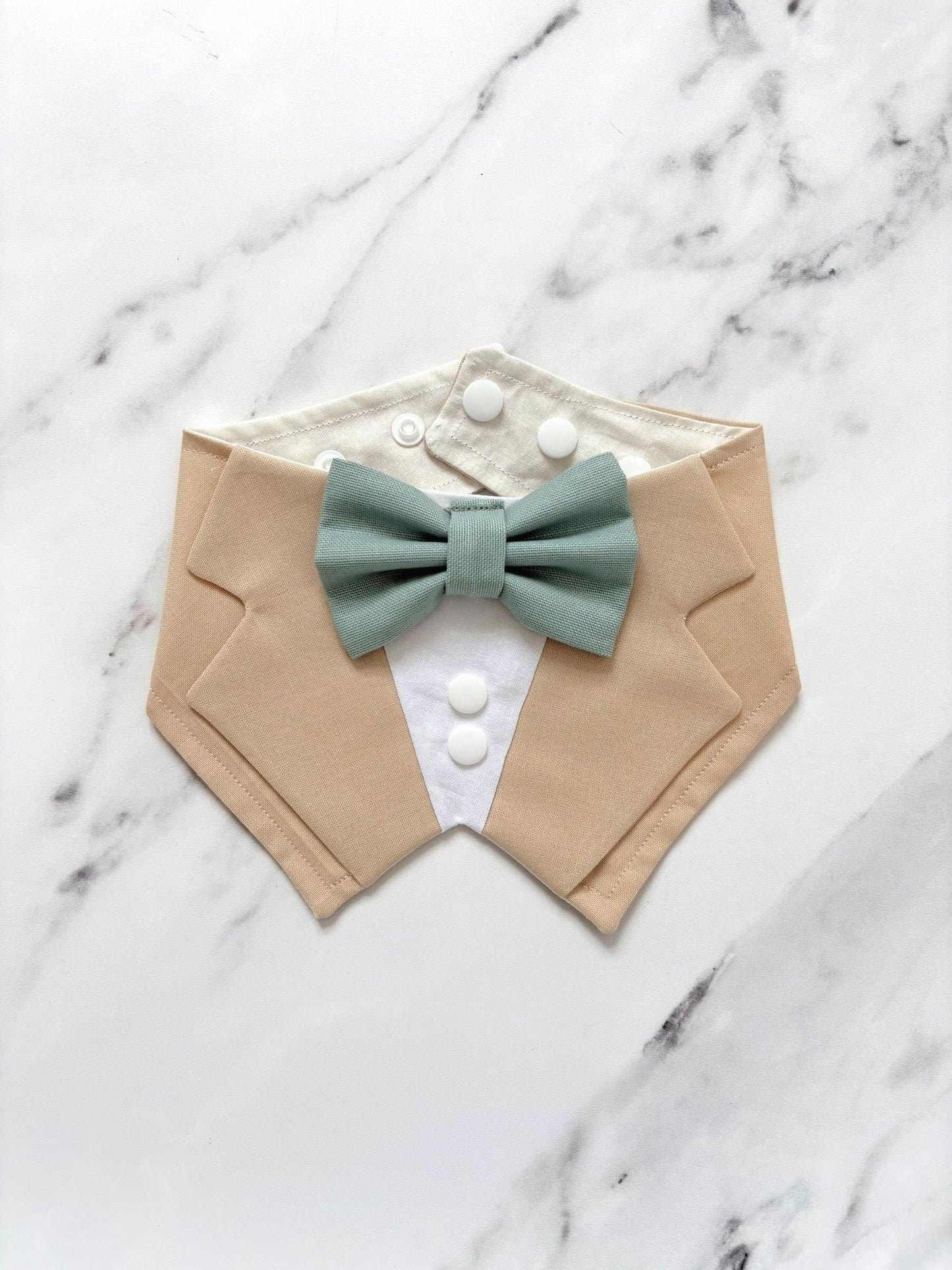 Khaki Wedding Dog Tuxedo Bandana with Sage Green Bow Tie