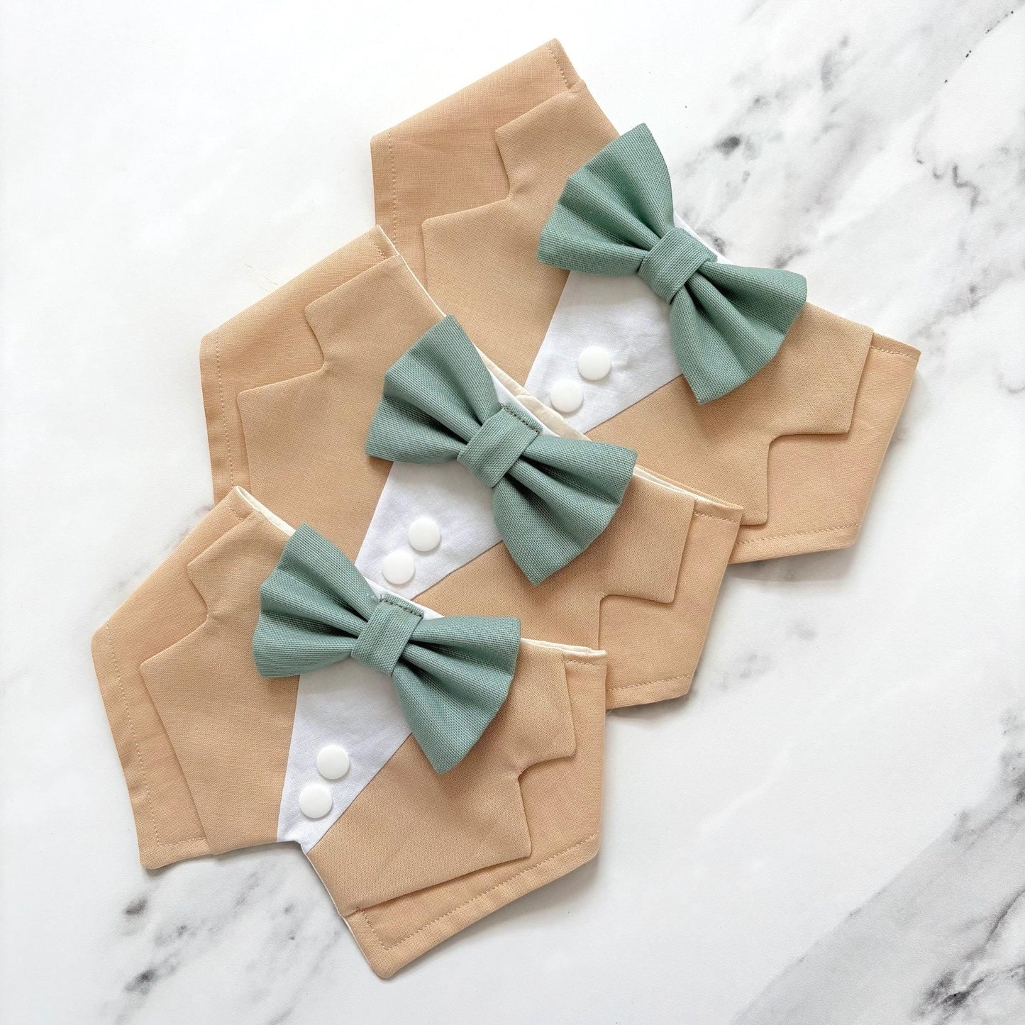 Khaki Wedding Dog Tuxedo Bandana with Sage Green Bow Tie
