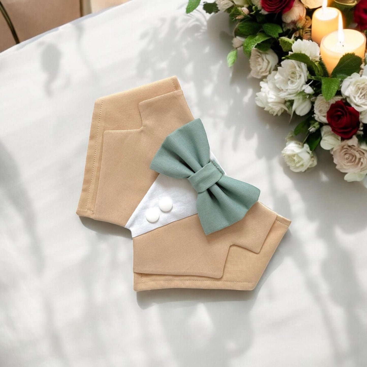 Khaki Wedding Dog Tuxedo Bandana with Sage Green Bow Tie