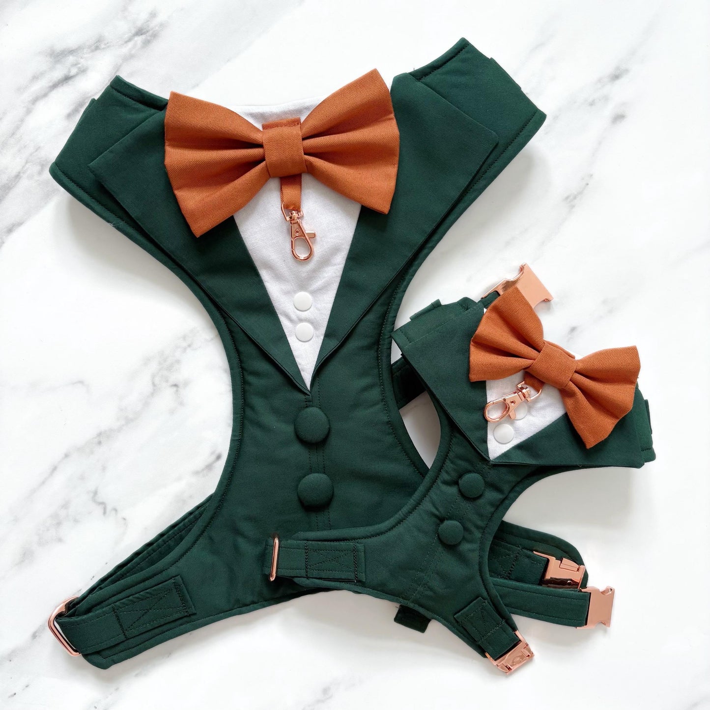 Bespoke Dark Green Dog Tuxedo Harness: Wedding Pup Ring Bearer Outfit
