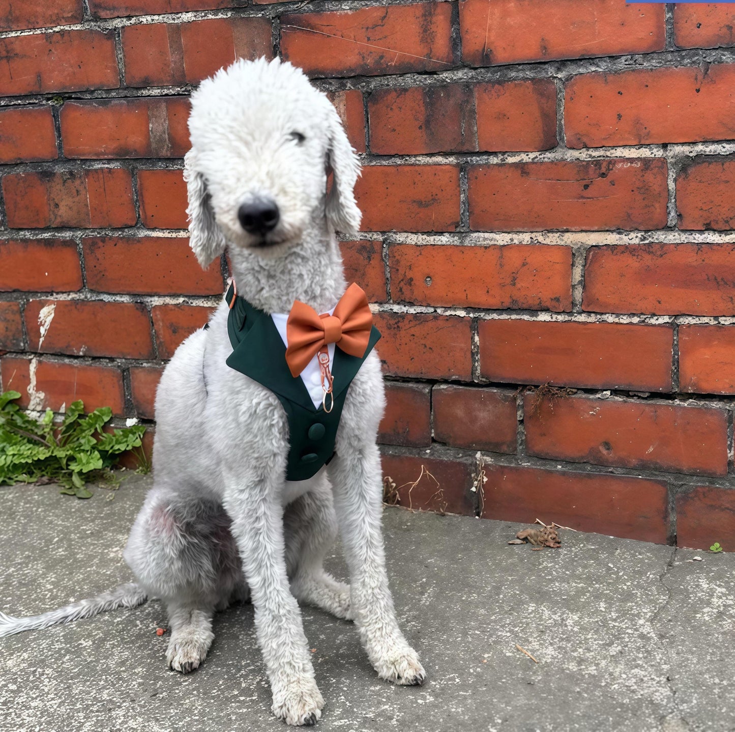 Bespoke Dark Green Dog Tuxedo Harness: Wedding Pup Ring Bearer Outfit