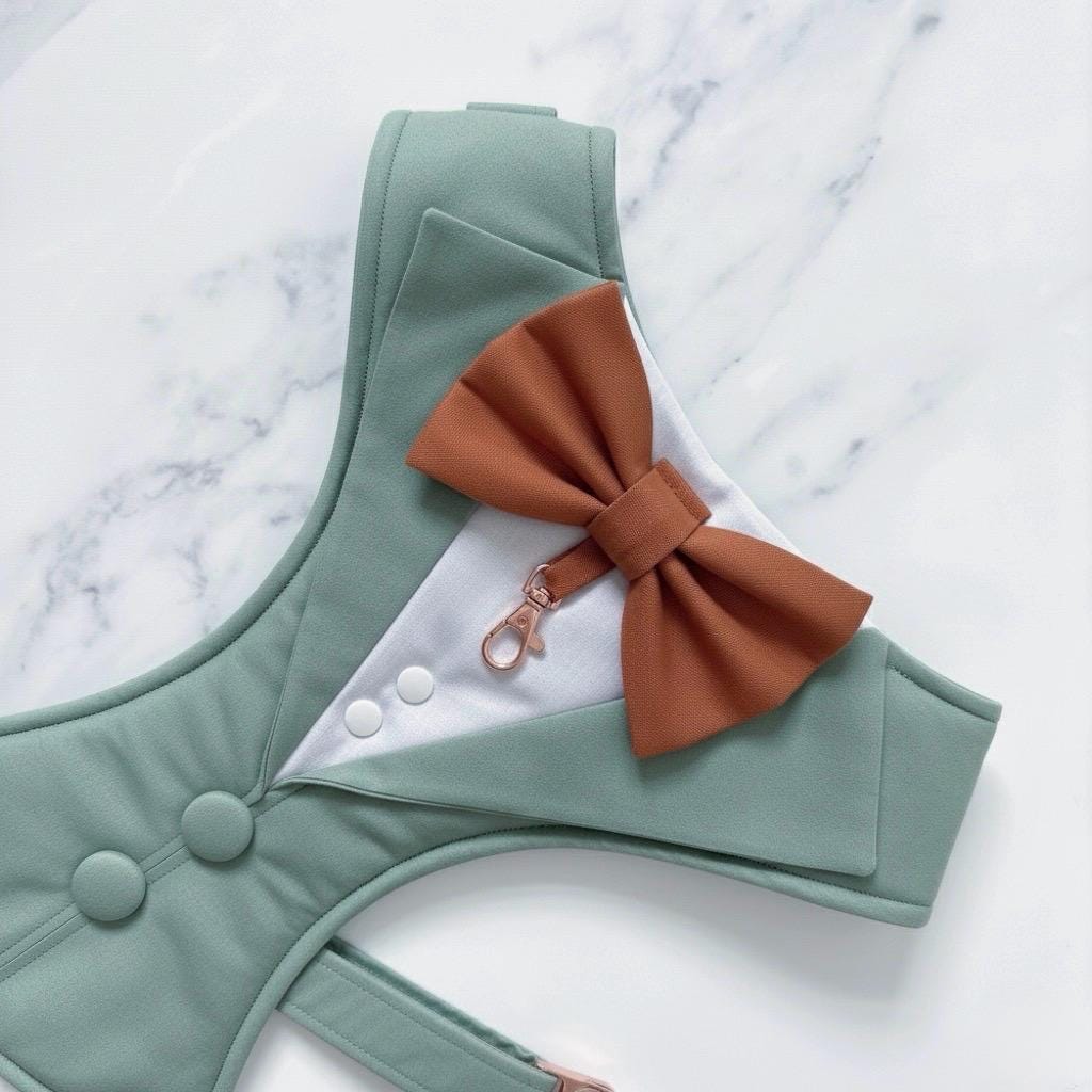 Bespoke Dog Wedding Tuxedo Harness: Sage Green Formal Dog Suit with Custom Bow Tie