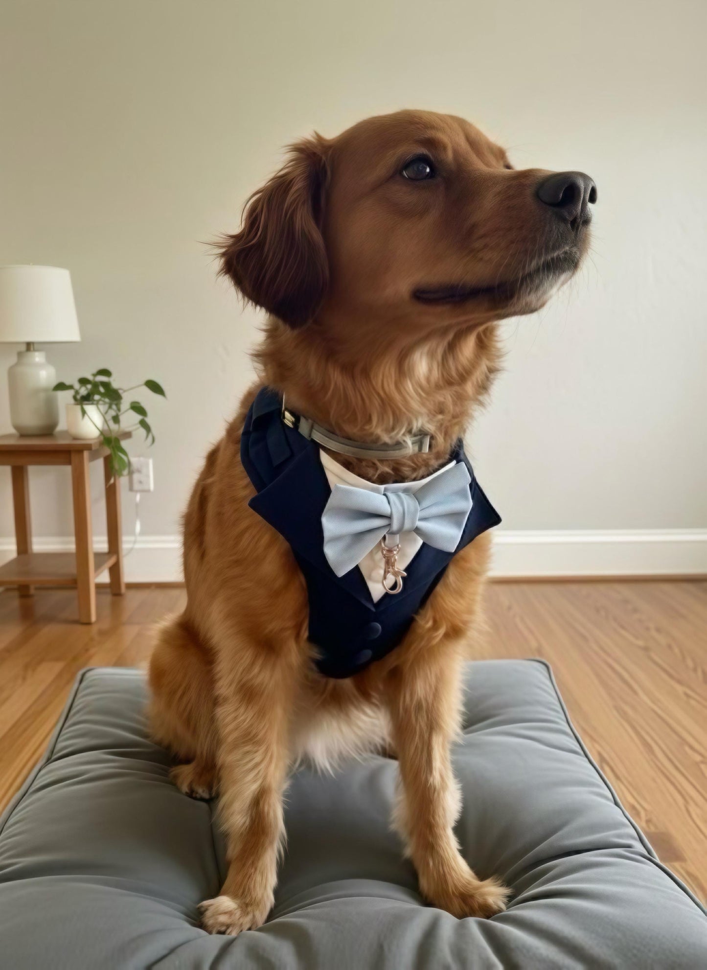 Bespoke Navy Dog Tuxedo Harness with Burgundy Bowtie: Formal Pet Wedding Suit