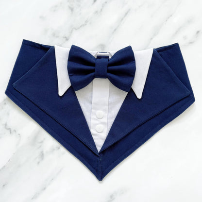 Navy Blue Wedding Dog Tuxedo Bandana: Handmade Pet Ring Bearer Outfit