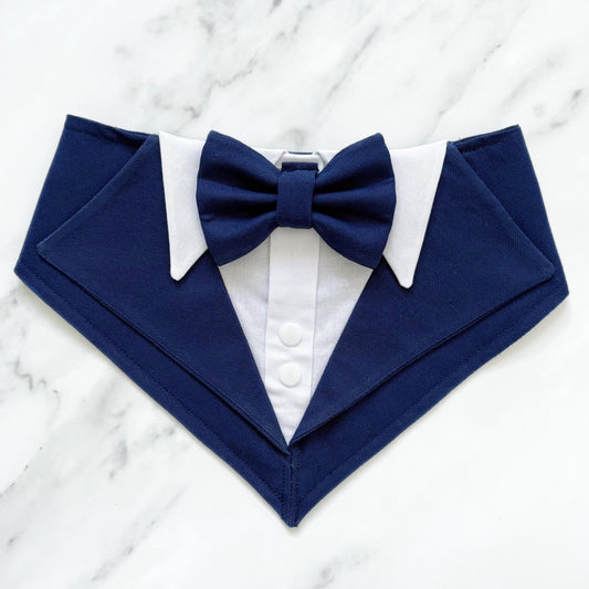 Navy Blue Wedding Dog Tuxedo Bandana: Handmade Pet Ring Bearer Outfit