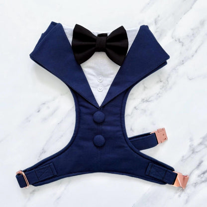 Dark Blue Dog Tuxedo Harness with Black Bowtie: Custom Pet Wedding Suit