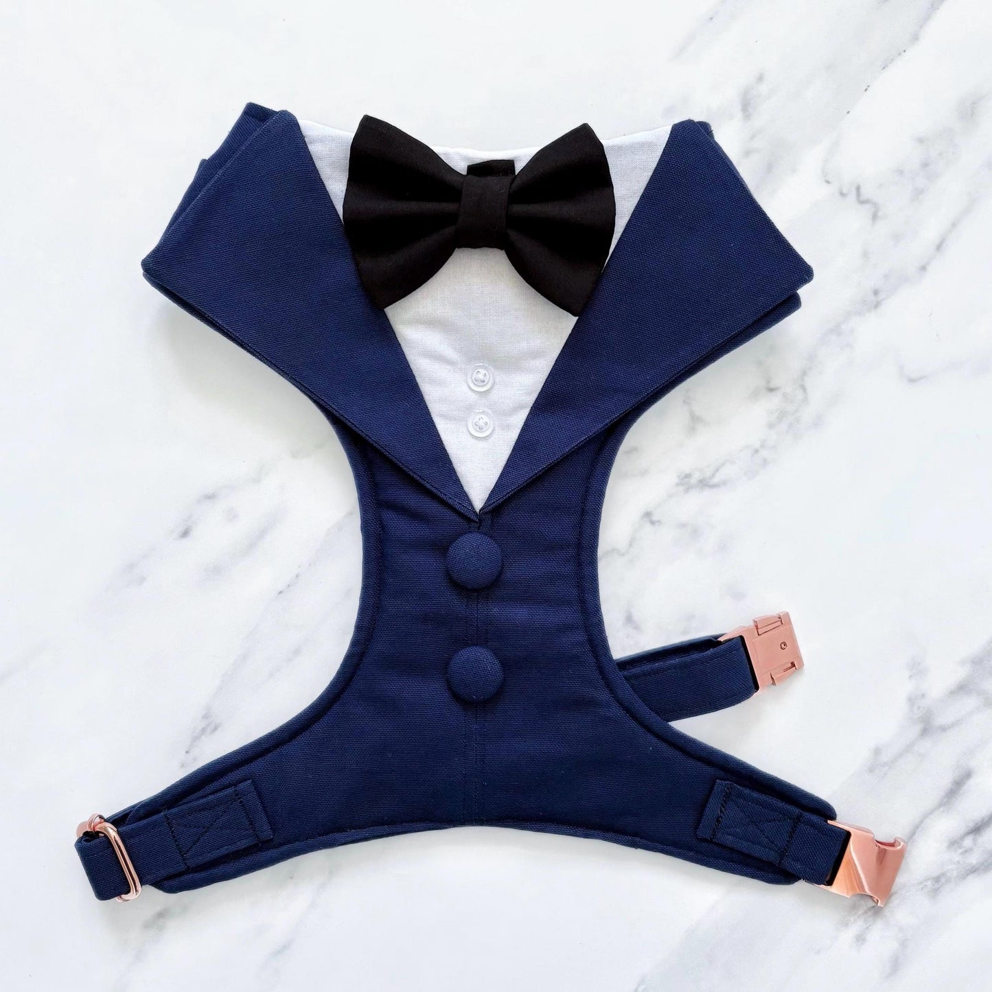 Dark Blue Dog Tuxedo Harness with Black Bowtie: Custom Pet Wedding Suit