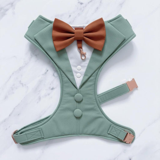Bespoke Dog Wedding Tuxedo Harness: Sage Green Formal Dog Suit with Custom Bow Tie