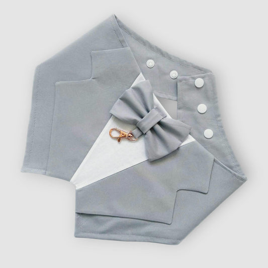 Light Grey Wedding Dog Bandana: Pet Ring Bearer Tuxedo Outfit