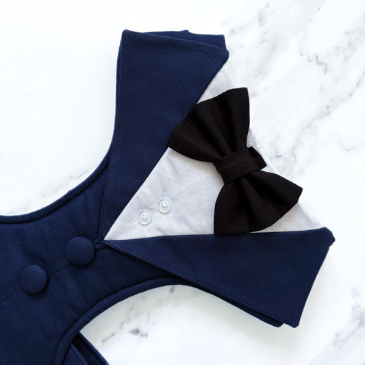 Dark Blue Dog Tuxedo Harness with Black Bowtie: Custom Pet Wedding Suit