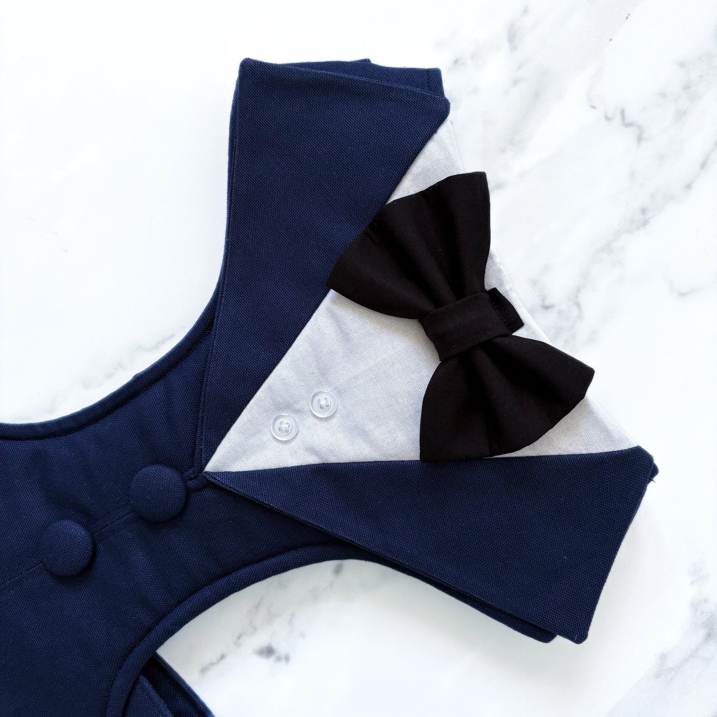 Dark Blue Dog Tuxedo Harness with Black Bowtie: Custom Pet Wedding Suit
