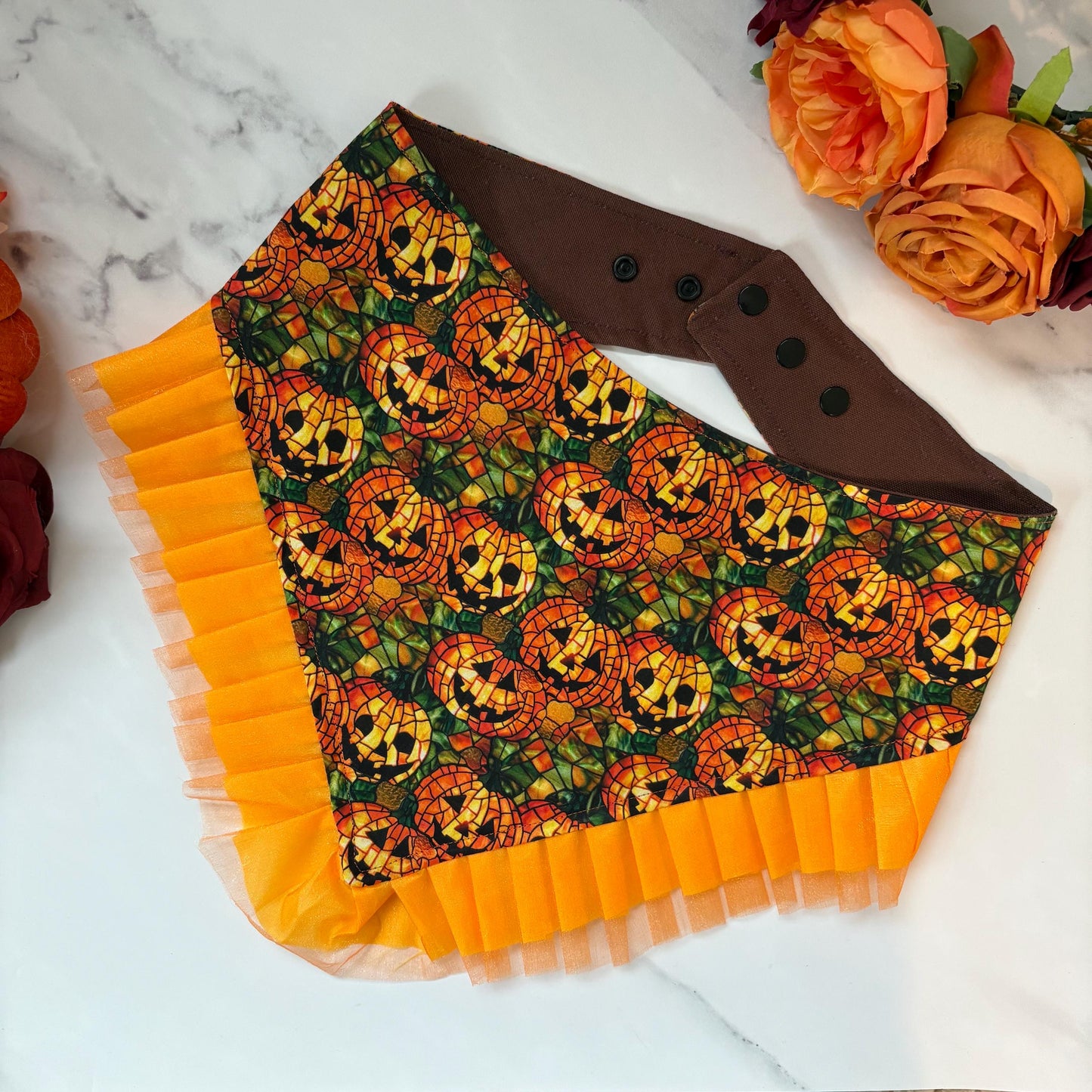 Halloween Jack O’Lantern Pumpkin Dog Bandana with Orange Ruffles