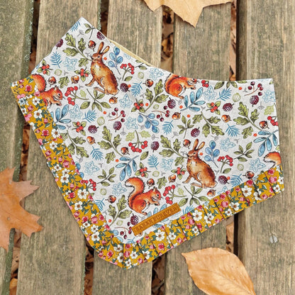 Autumnal Woodland Dog Bandana with squirrels and hares