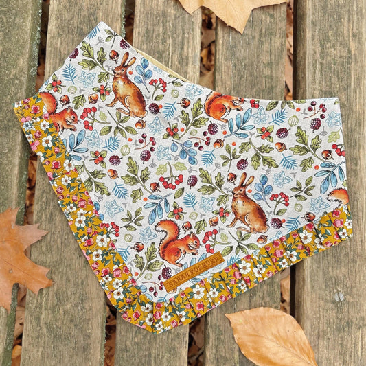 Autumnal Woodland Dog Bandana with squirrels and hares