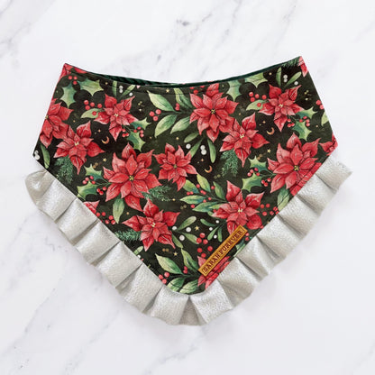 Christmas Poinsettia Dog Bandana with Silver Ruffles
