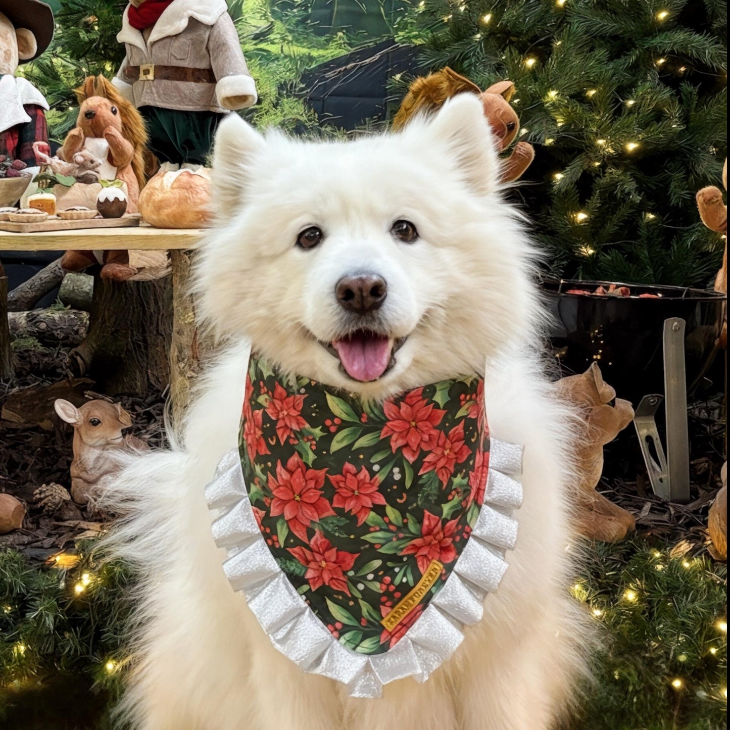 Christmas Poinsettia Dog Bandana with Silver Ruffles