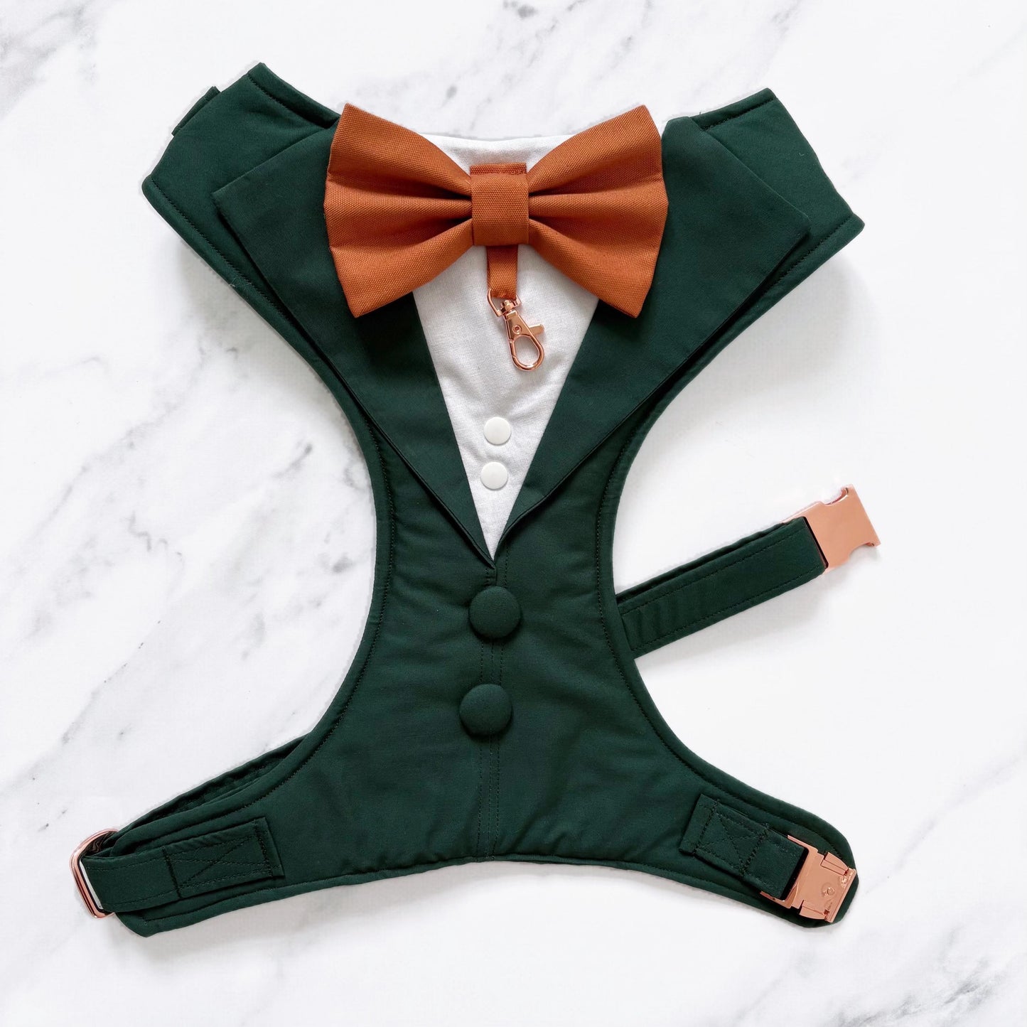Bespoke Dark Green Dog Tuxedo Harness: Wedding Pup Ring Bearer Outfit