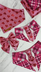 Valentine’s Day Dog Bandana Necktie, Pink Plaid and Red Hearts Pet Scarf