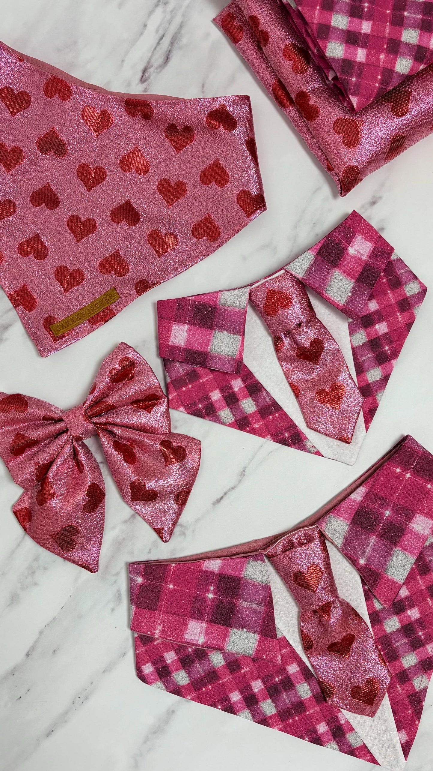 Valentine’s Day Dog Bandana Necktie, Pink Plaid and Red Hearts Pet Scarf