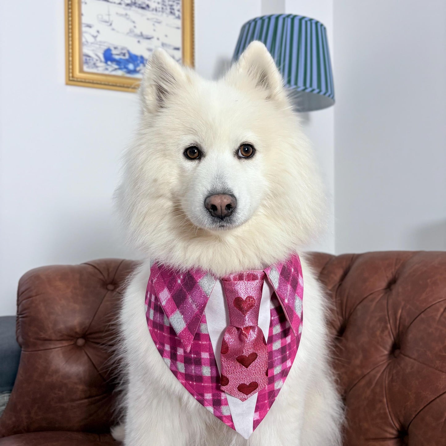 Valentine’s Day Dog Bandana Necktie, Pink Plaid and Red Hearts Pet Scarf