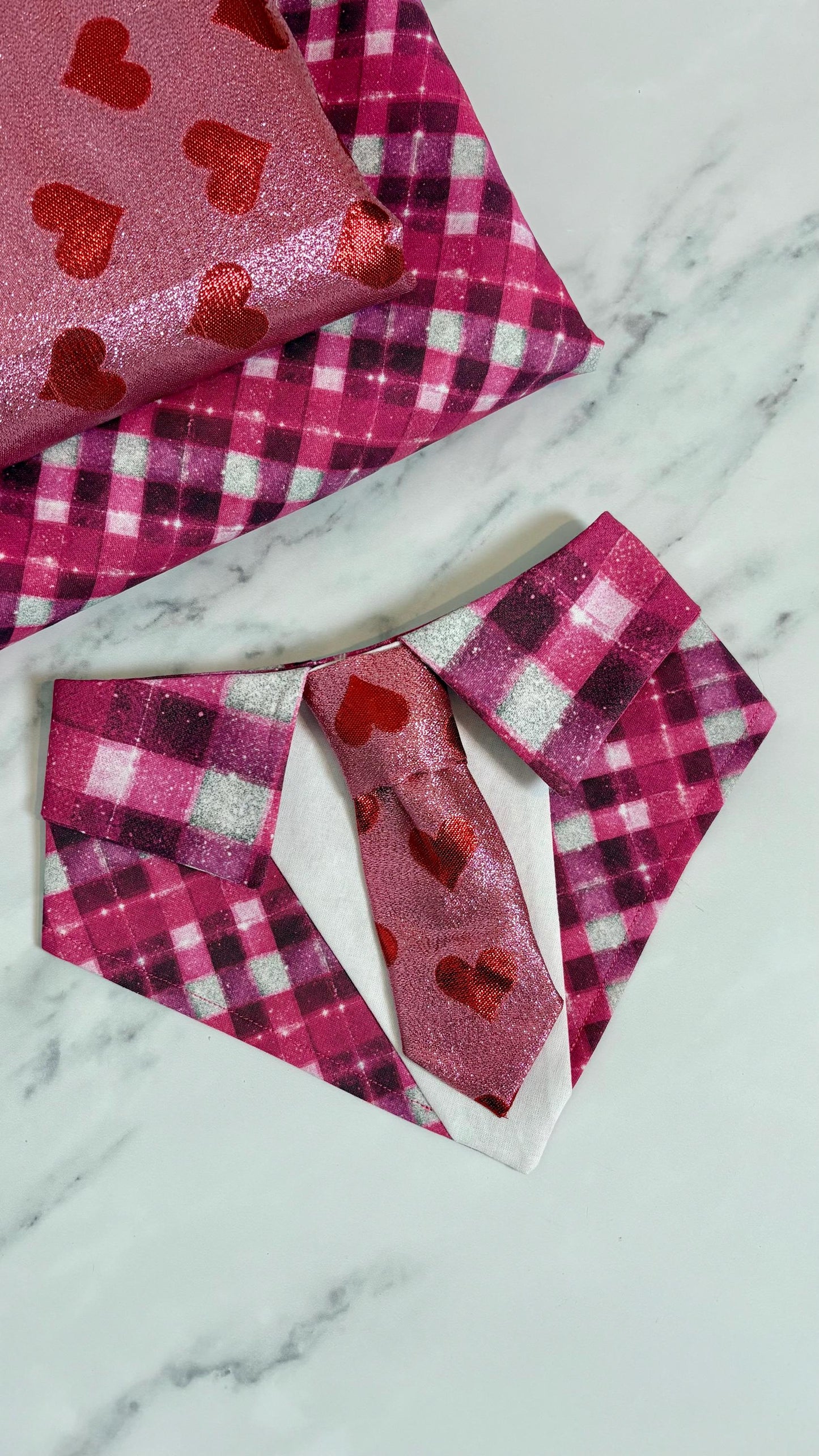 Valentine’s Day Dog Bandana Necktie, Pink Plaid and Red Hearts Pet Scarf