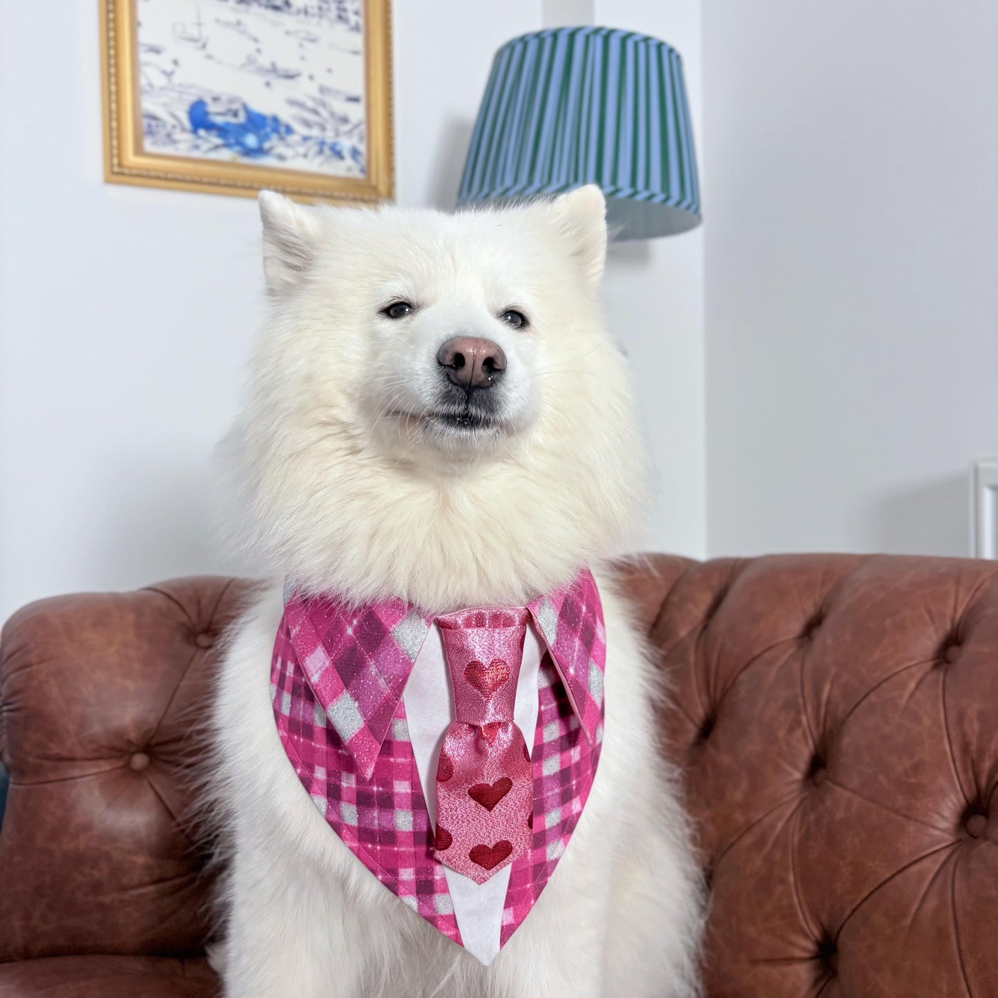 Valentine’s Day Dog Bandana Necktie, Pink Plaid and Red Hearts Pet Scarf
