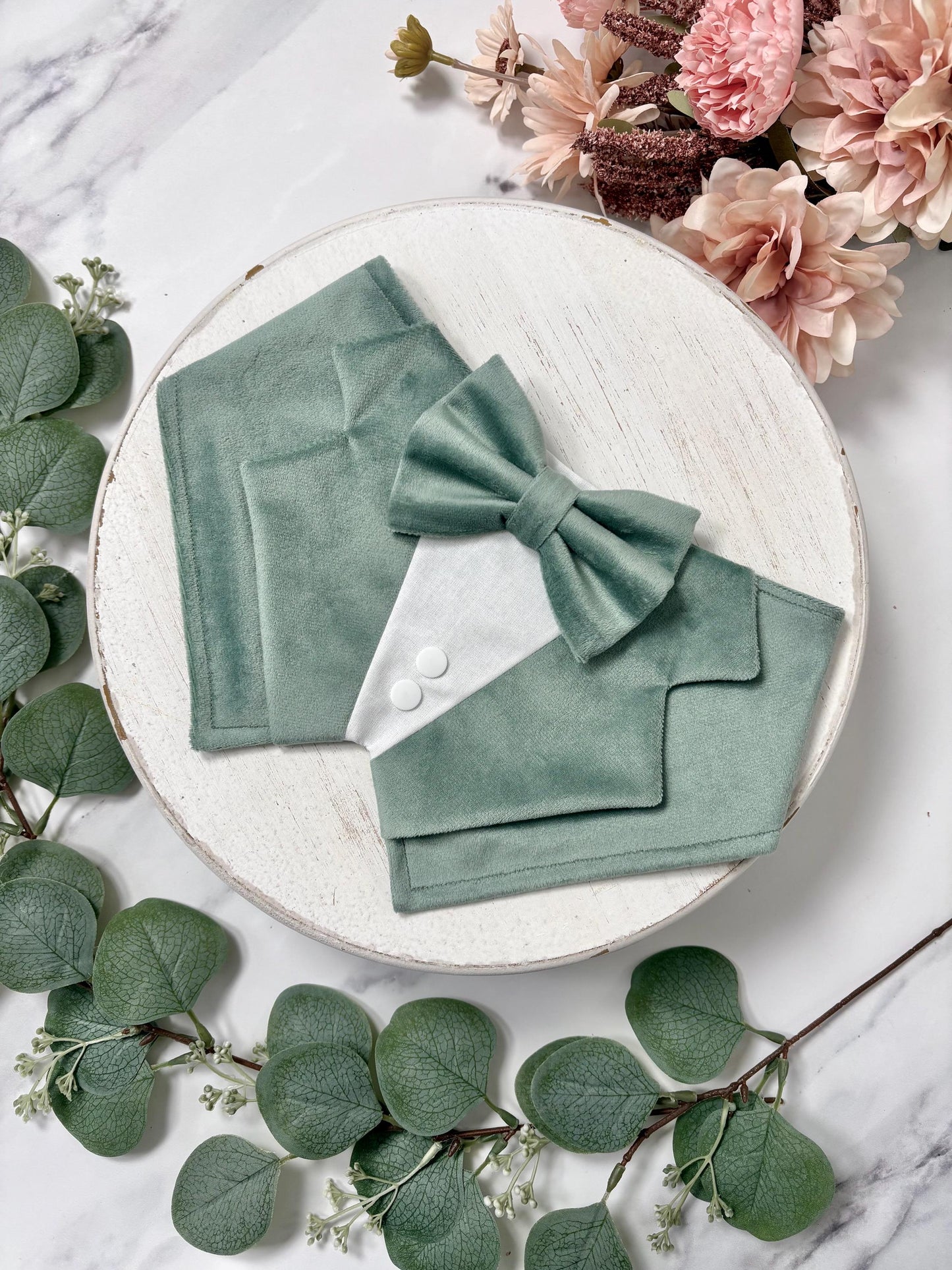 Sage Velvet Wedding Dog Tuxedo Bandana, Pet Ring Bearer Outfit