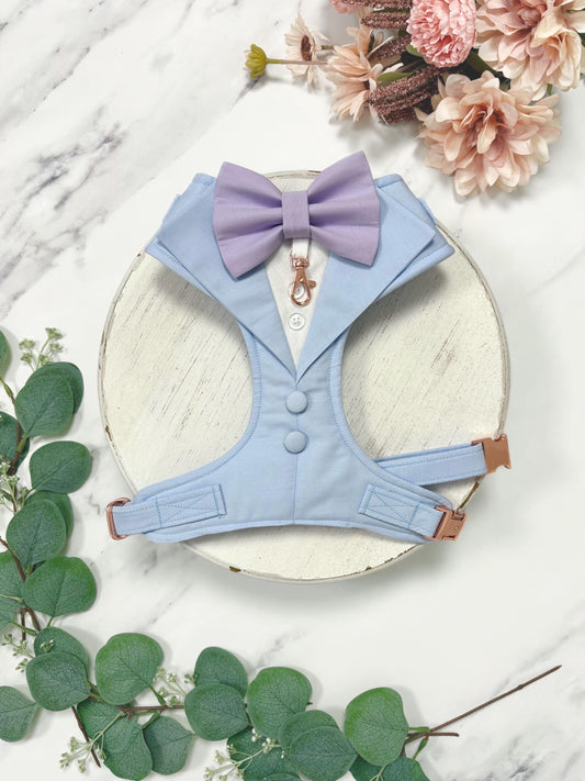 Made-to-Measure Light Blue Wedding Dog Tuxedo Harness: Custom Ring Bearer Outfit for Pets
