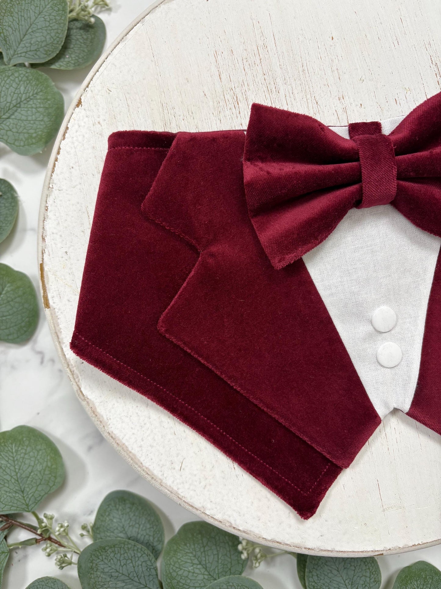 Wine Red Velvet Dog Tuxedo Bandana: Wedding Ring Bearer Outfit