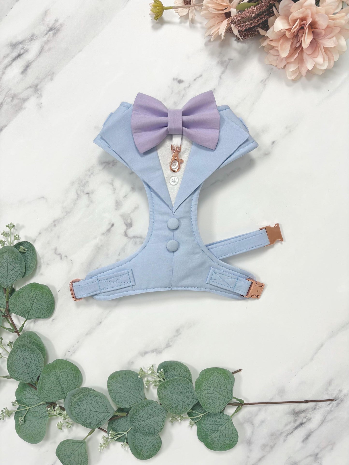 Made-to-Measure Light Blue Wedding Dog Tuxedo Harness: Custom Ring Bearer Outfit for Pets