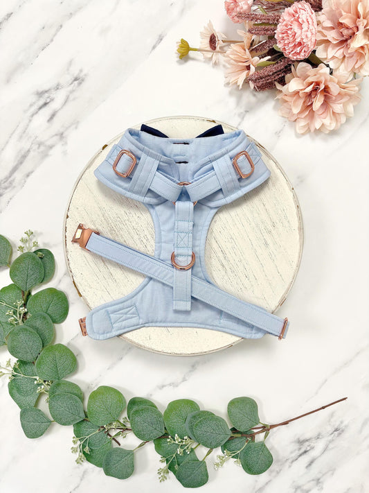 Made-to-Measure Pale Blue Wedding Dog Tuxedo Harness with Navy Bow Tie: Custom Ring Bearer Outfit for Pets