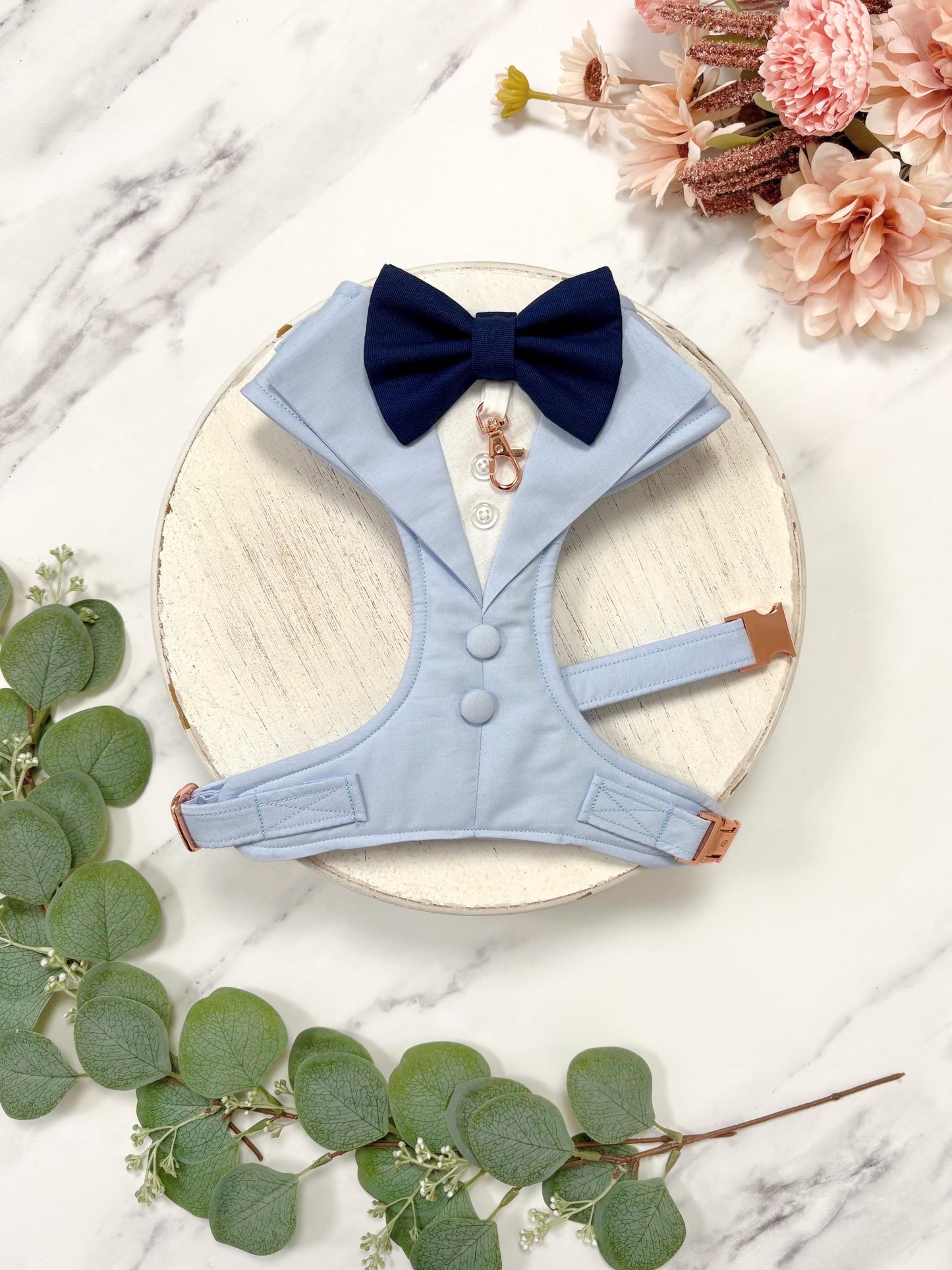 Made-to-Measure Pale Blue Wedding Dog Tuxedo Harness with Navy Bow Tie: Custom Ring Bearer Outfit for Pets