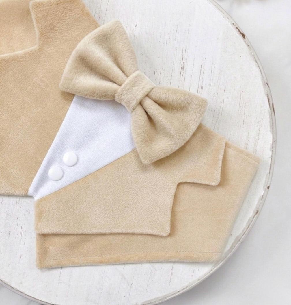 Beige Velvet Dog Tuxedo Bandana: Dog Ring Bearer Outfit
