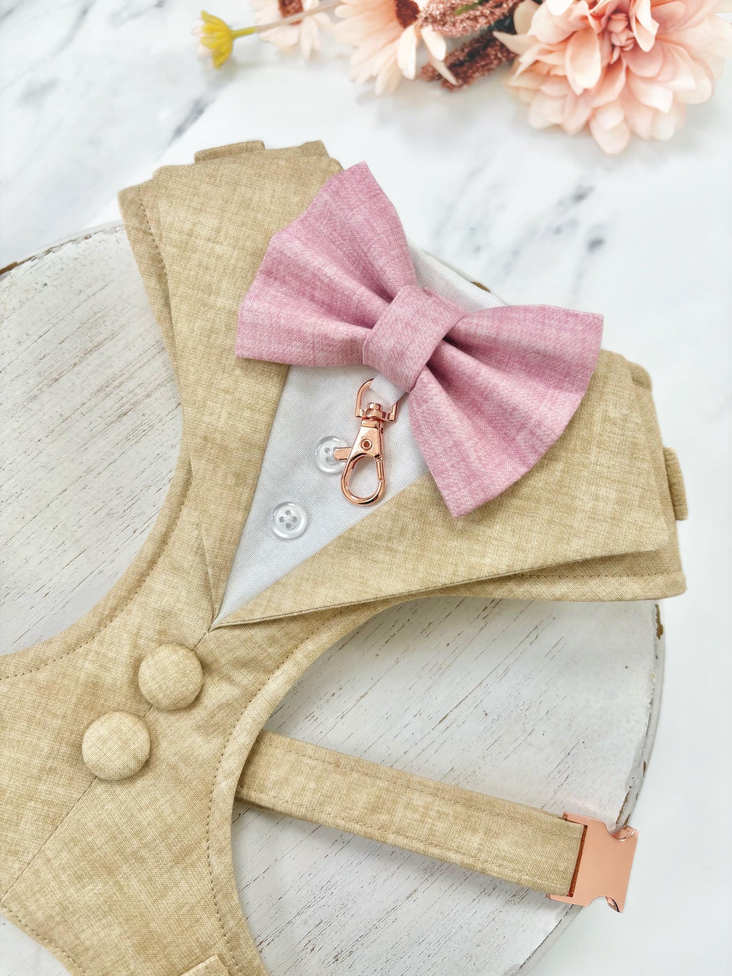 Natural Beige Dog Tuxedo Harness for Wedding: Bespoke Formal Suit for Dog of Honour, Ring Bearer Outfit